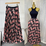 New Tight Waist High Waist Crums Sweet A-Shaped Skirt Women's Long Print 100-Fold Skirt