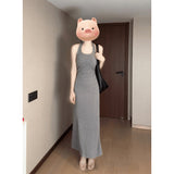 Real Price Pure Hot Girl Gray Hanging Neck Sling Dress Black Cardigan Women Summer Waist Thin Suit