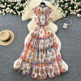 Holiday Style Niche Elegant Sleeveless Single Buckle Print Roll Dress Women Fashion Thin Dress