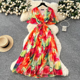 2025 Summer Dress New Female High-End Feel Strapped Belt V Collar Horn Sleeves Thin Temperament Print Chiffon Dress