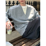 Autumn And Winter Wearing Black Ash Splicing Colliding College Style Cardigan Sweater Over The Couple Niche Oversize Knitwear Shirt