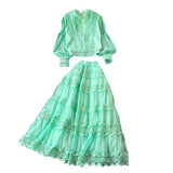 2025 Autumn Lantern Sleeve Long-Sleeved Hollow Lace Splicing Shirt + A Word Half-Dress Dress Dress Woman