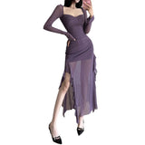 2025 Autumn And Winter New Women's Mesh Yarn Leaves Side Of The Niche Design Feeling Long-Sleeved Square Collar Dress