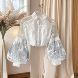 French Retro Mesh Lace Blouse Women's Collar Three-Dimensional Embroidered Bubble Sleeve Court Style Slim Shirt Woman