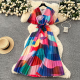2025 Summer Dress New Female High-End Feel Strapped Belt V Collar Horn Sleeves Thin Temperament Print Chiffon Dress