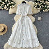 2025 Summer Women's Dress Small High-End Embroidery Single Buckle Waist Elegant Knee Long Skirt