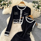 Small Fragrant Style High-End Set Of Women's Autumn Fashion Crash Round-Neck Long-Sleeved Knitted Shirt Sleeveless Vest Skirt