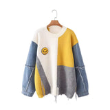 Autumn And Winter Cowboy Sleeve Splicing Bumpy Smiley Face Loose-Fitting Sweater Round Collar Knitted Bottoming Shirt Woman