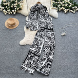 Lightly Familiar Wind Wearing A Female Fashionable Loose-Fitting Long-Sleeved Printed Shirt + High-Waisted Casual Broad-Legged Trousers Set