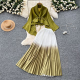 Miyajie Wrinkled Butterfly Sleeve Gradient With Shawl Short Coat Top + Gradient 100 Folded Skirt Two-Piece Suit