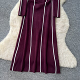 French High-End Sense Niche Fashion Side To Receive Waist Round Collar Long-Sleeved Sweater Dress Female Thin Dress