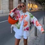 2025 Summer Women's Retro Loose-Fitting Round-Neck Long-Sleeved Flower Print Drawstring Cotton Coat