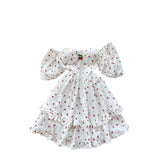 2025 Spring And Summer Sweet Shoulder Slings Bubble Short Sleeve Cherry Print Waist Dress Women's Wooden Ear Short Skirt
