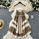 Tourism National Style Wearing Holiday Dress Retro Strap Design Spliced Flowers Hanging Loose Dress Skirt Skirt