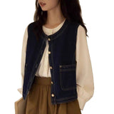 Fashion Retro Denim Vest Women Spring And Autumn Folding Waist Coat Outside A Small Design Feel Shoulder Clip