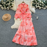 Temperament Two Sets Of Female High-Grade Style Straps To The Waist Lantern Sleeve Print Chiffon Top + High Waist Skirt