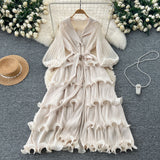 2025 New Elegant Dress Spring Dress High-End Retro Collar Lantern Sleeves To Close Waist Lotus Leaves Side Pressure Skirt Dress Woman