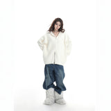 Early Autumn White Double Zipper Hooded Stingy Sweater Cardigan Soft Mashed Sweet Hot Girl Blouse