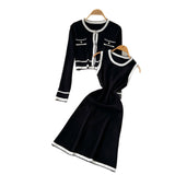 Small Fragrant Style High-End Set Of Women's Autumn Fashion Crash Round-Neck Long-Sleeved Knitted Shirt Sleeveless Vest Skirt