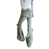 Overlapping Skirt Jeans Women Autumn Retro Do Old Water Wash High Waist Tie With Horseshoes Super Fire Korean Micro-Rave Pants