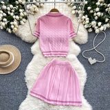 Summer New Knitted Shirt Two Sets Of Women Retro Short-Sleeved Top + High-Waisted Folded Skirt