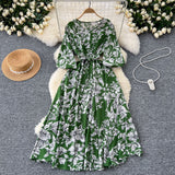 French Retro Fashion Print Dress Women Loose Strap To The Waist Thin A Word Big Pendulum Long Skirt