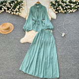 Extremely Simple Style Solid Temperament Suit Women's Spring Bubble Sleeve Strap Shirt + Tight Waist Slim Half Body Long Skirt