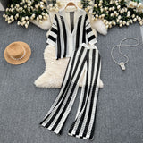 Women's Summer V-Neck Loose Knitted Cardigan Top + Broad Leg Trousers Set With Striped Hollow Set