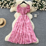 French Famous Breeze Mashed Flowers Bubble Sleeves With Dress Women Summer Waist Repair Royal Sister Temperament Beautiful Long Dress