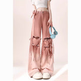 Fat Mm Dopamine Wearing Gradient Love Straps With Ripped Jeans Women's Large Size Loose Thin Broad Leg Pants