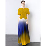 Three-House Folded Suit Women's Summer Design Feeling Shiny Short-Sleeved Top High Waist Gradient Color Bajamas Skirt