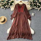 Heavy Industry Embroidery Loose Holiday Dress Women Large Size Show Lean Meat Sweet Tie With Round Lantern Sleeve Dress