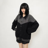 Autumn And Winter Wearing Black Ash Splicing Colliding College Style Cardigan Sweater Over The Couple Niche Oversize Knitwear Shirt