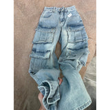 Vintage Multi-Pocket Workwear Jeans Women's Large Street Vibe High-Waist Broad Legs Casual Straight Pants