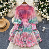 2025 Spring Dress Women's New Dress Elegant Collar Lantern Sleeves To Close The Waist Print Lotus Leaf Side Skirt