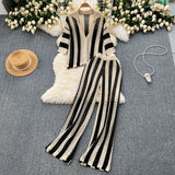 Women's Summer V-Neck Loose Knitted Cardigan Top + Broad Leg Trousers Set With Striped Hollow Set