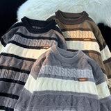 Striped Design Round Collar Hooded Long-Sleeved Sweater Women's Autumn And Winter Wear Loose Sweet Knitted Bottom Top