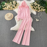 Gentle Wind Pink Tie With Thin Hooded Knitted Long-Sleeved Sweater High-Rise Broad Leggings Embroidery Set