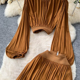 French Wear With A Female Autumn Temperament Short Lantern Sleeve Shirt High Waist Hanging Feeling Open Skirt Two Sets