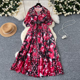 2025 Summer Dress New Niche Light Familiar Wind V To Receive Waist Thin Temperament French Pressure Folding Printing Chiffon Dress