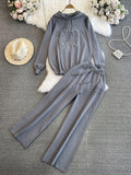 Fashion Suit Women's Korean Version Of Loose Knitted Hoodie Two Sets Of Leisure High-Rise Thin Straight Broad Leg Pants