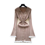 Light Luxury Famous Knitted Dress Woman Autumn Wooden Ear Over The Collar To Slim Beautiful Sister Mid-Long Dress