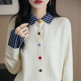 Autumn And Winter Knitted Open Shirt Two Lattice Collar Shirt Early Spring New Color Fashion Splicing Coat Sweater