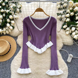 Clamming Striped Knitted Shirt Autumn Lotus Side Hem Horn Sleeves Slimmed Out Of The Bottom Coat