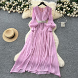 French High-End Temperament Fashion V-Neck Lantern Sleeve Strap To Close Waistguel Dress Female Elegant Long Dress