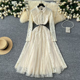 French Retro Elegant Dress Women Winter High Hook Lace Splicing Mesh Yarn Irregular Knee Dress