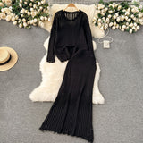 Korean Early Spring Wearing A Lazy Knitting Suit Women's Design Hollow Top Dress Two Sets Of Tide