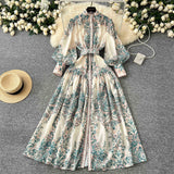 Holiday Style Dress Women's Spring Court Collar Lantern Sleeves To Close The Waist Single Buckle Printing Folded Long Skirt