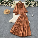 French Temperament Set Female Court Vintage Lace Spliced Lantern Sleeve Single-Button Shirt High-Waisted Skirt