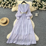 French High-End Temperament Fashion V-Neck Lantern Sleeve Strap To Close Waistguel Dress Female Elegant Long Dress
